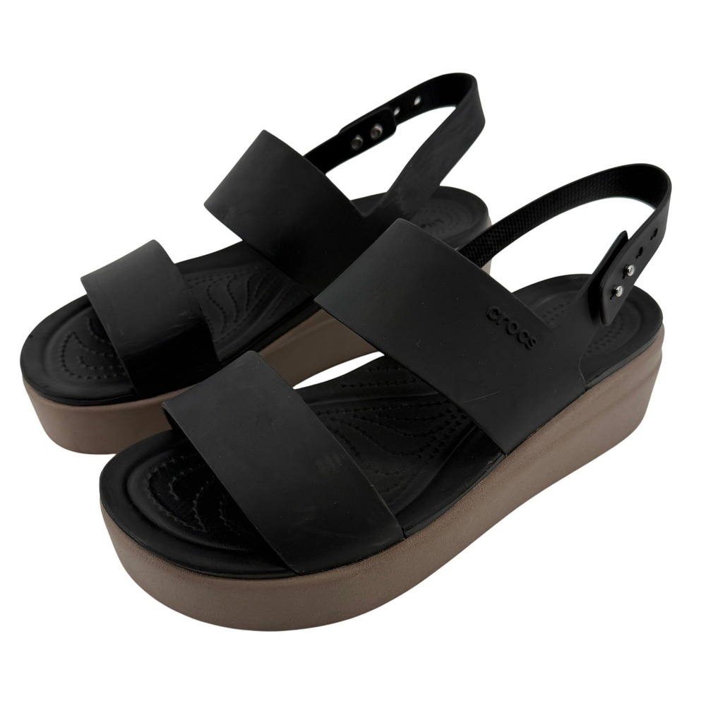 Crocs Brooklyn Low Wedge Sandal Black/Mushroom Women 9 Strappy Comfy Slingback